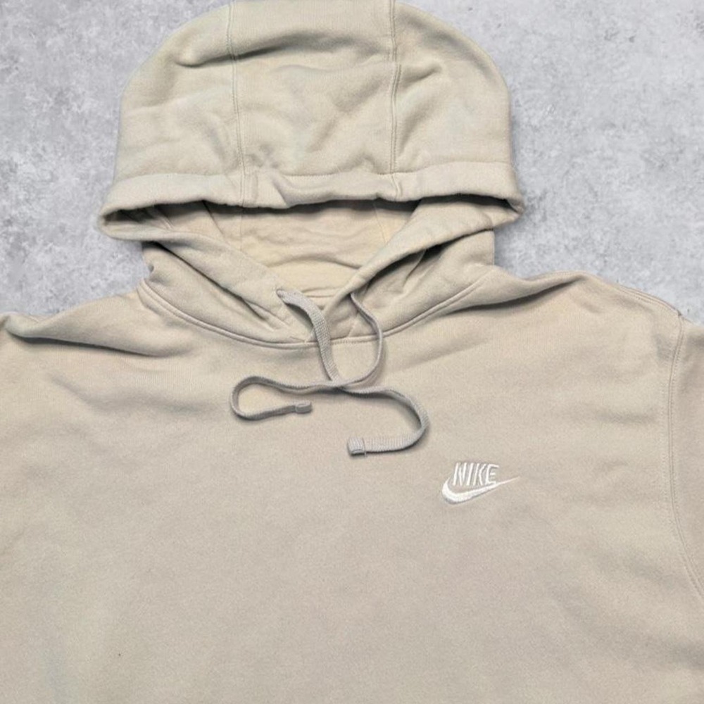 Nike Mens Embroidered Swoosh Hoodie Cream Tan Y2K Athletic Pullover L